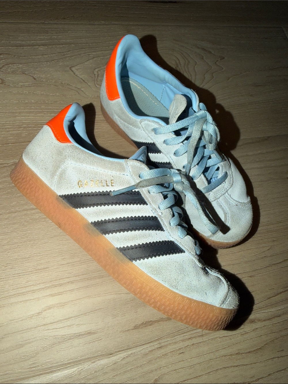 adidas Kids Suede Sneakers in light blue and navy blue Stripes and Orange Heel